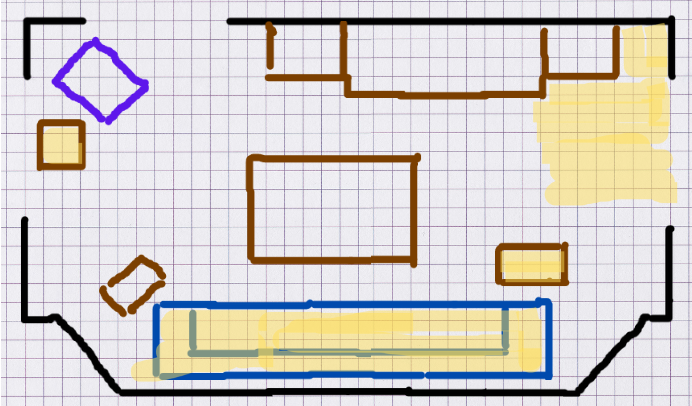 Graph paper with outlines representing the furniture in the author's living room. Several disjointed areas have been colored yellow.